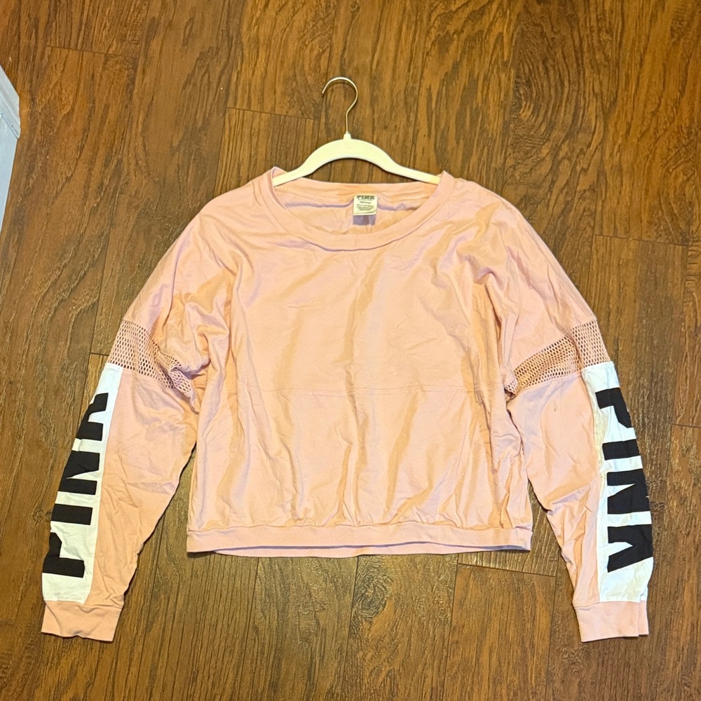 PINK Victoria's Secret baby pink Long Sleeve crop top with Black Lettering
